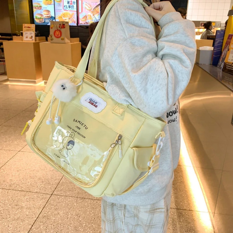 Y2K Cute Large Capacity Transparent Tote Bag Kawaii Lolita Crossbody Ita Girl Simple Casual Shoulder DIY Display Handbag 240729