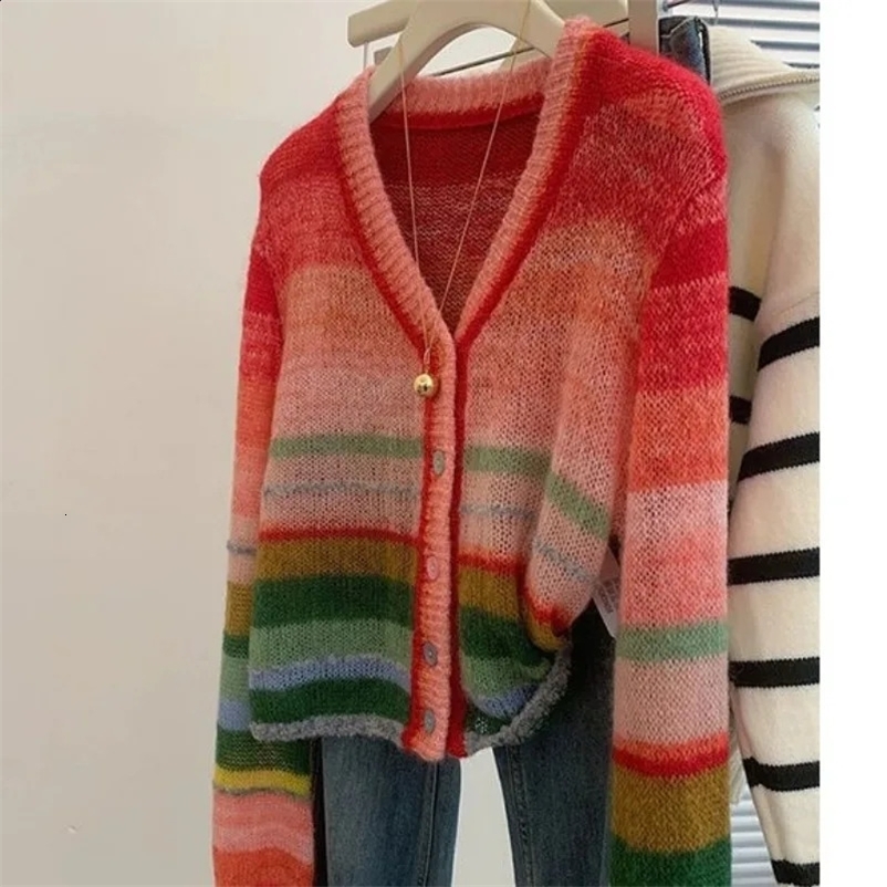 Women Trendy Rainbow Striped Patchwork Sweet Button Knitted Cardigan Y2K Female V Neck Long Sleeve Loose Chic Outerwears Sweater 240912