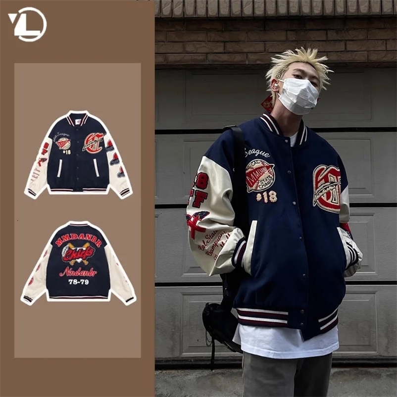 Korean College Mens Baseball Jacket Pattern Flocking Embroidered Patchwork Coat Punk Harajuku Motorcycle Outwear Y2k 240717