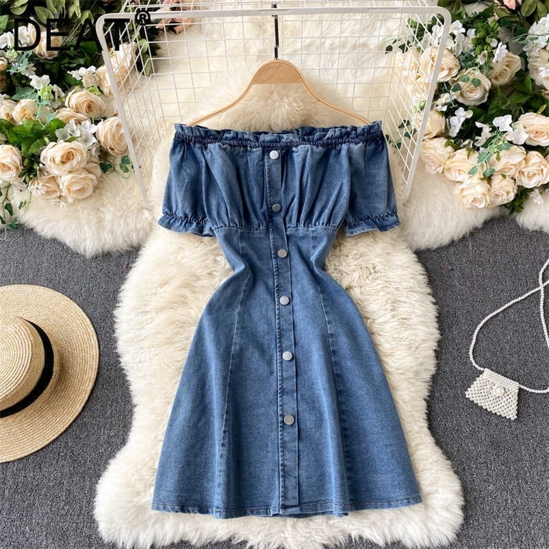 DEAT Women Denim Dress Slash Neck Short Sleeve Arrivals Lady Sexy Temperament Fashion Spring Summer 11B604 210709