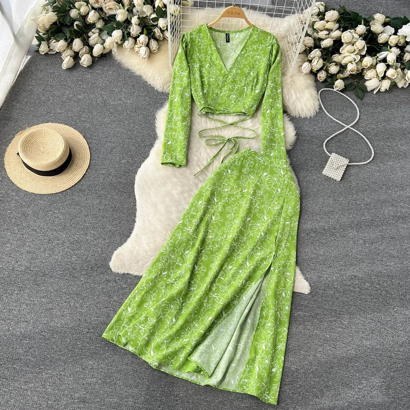 Women Chiffon Vacation Bohemian Two Pieces Suits Summer Lace Up Top Split Long Skirt Sets Y2K Floral Print Beach 240423