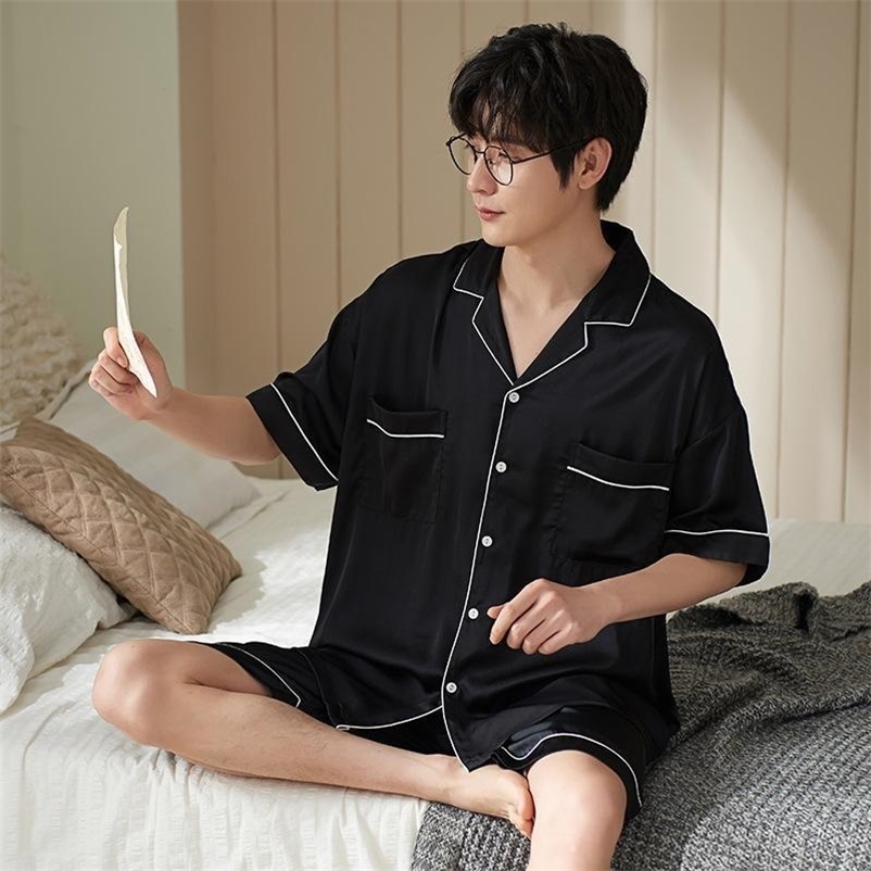 Men's Sleepwear men's pajamas short sleeve shorts pajamas thin ice silk lapel cardigan solid color simple comfortable men's home clothe