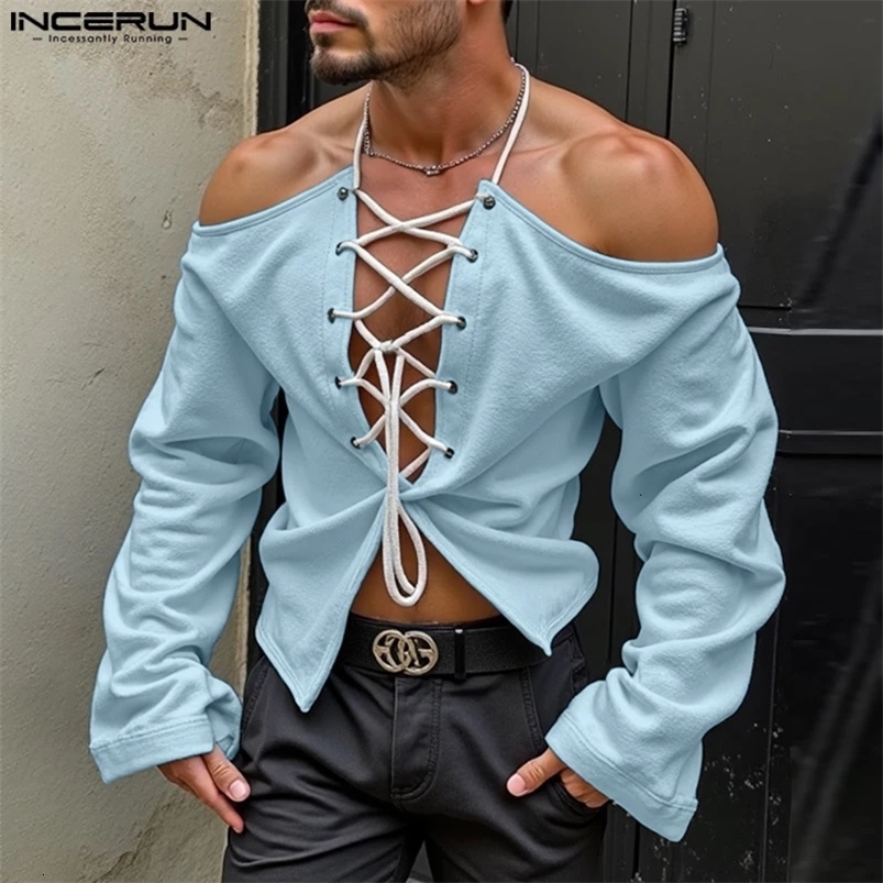 Fashion casual style top INCERUN mens double-sided shoulder strap pendant collar T-shirt sexy mens shoulder long sleeved Camiseta S-5XL 250207