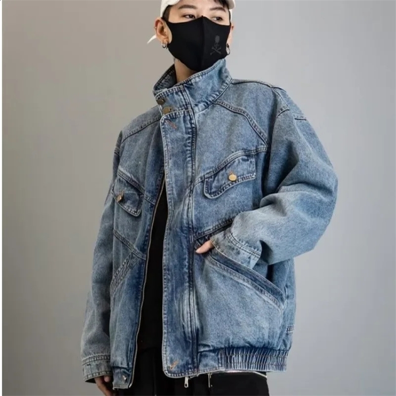 Denim Jacket Mens Spring Autumn Loose Sense of Standing Collar American Vintage Male Womens Cargo Couple Coat 250228