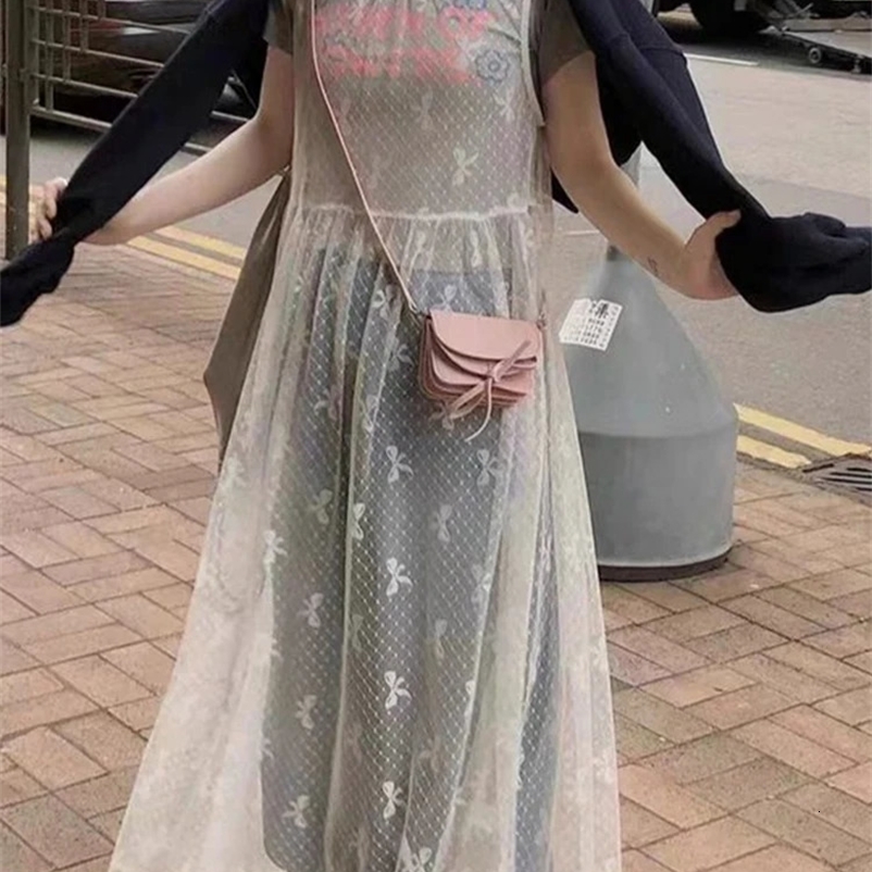 Round Neck Vest Dress Women Fashion Lace-up Bow Print Chi Lady Dress Spring Summer Simple Soft Sleeveless Female Dress 240518