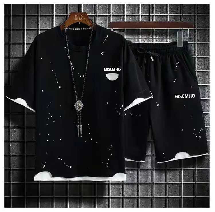 Plus Size 7XL Summer Mens Sets Fashion Patchwork Color Strtwear Tracksuit TShirt Shorts Set Men 2 Piece Joggers Sports Suit X250924