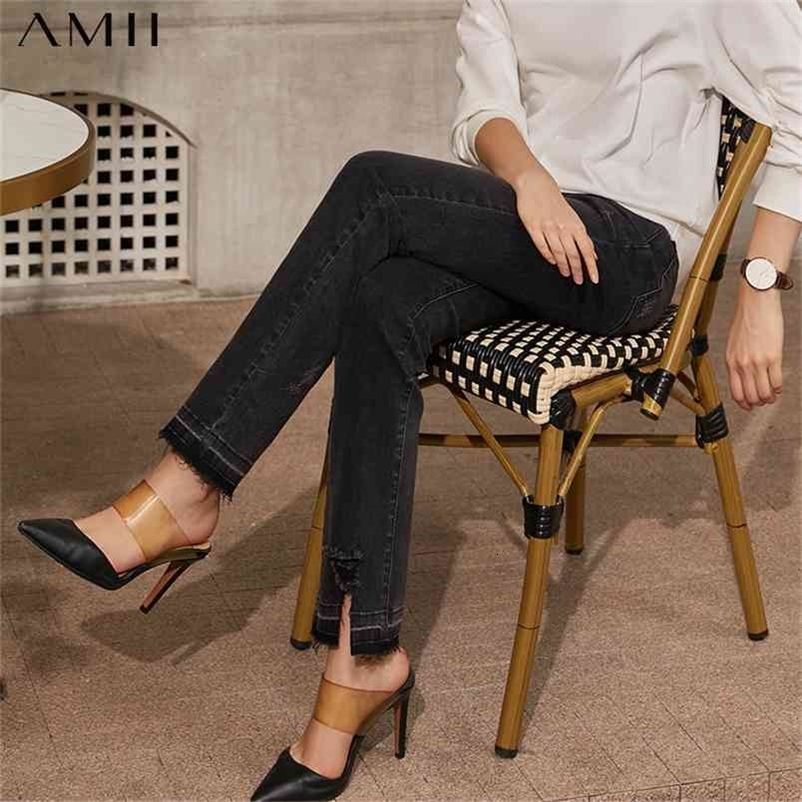 Minimalism Spring Summer Causal Jeans For Women Fashion High Waist Slim Fit Irregular Hem Pants Women's 12130096 210527