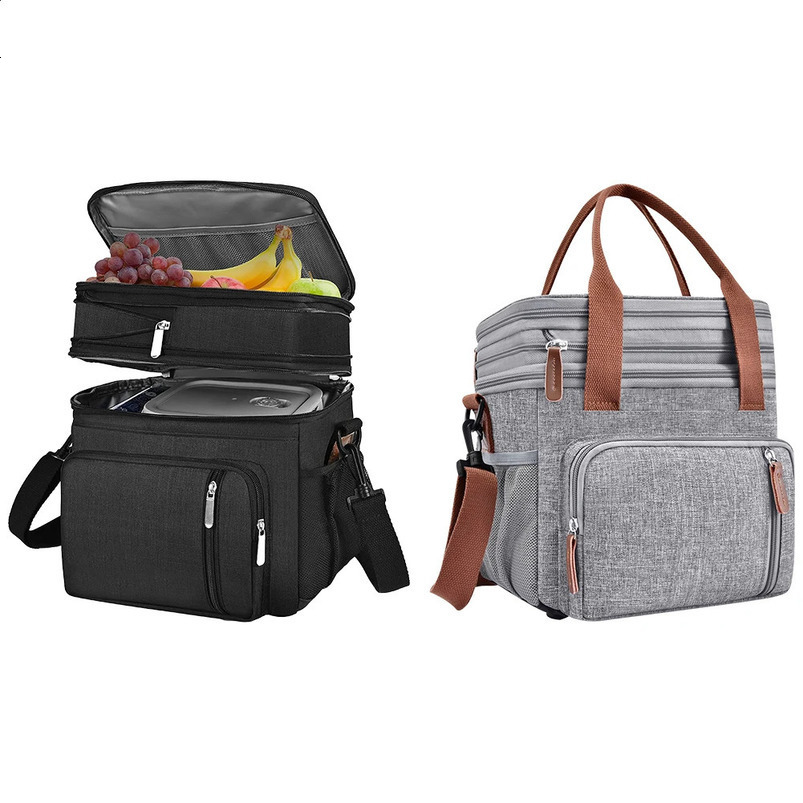 Double layered lunch bag expandable box insulated with shoulder straps suitable for office camping trips 240910