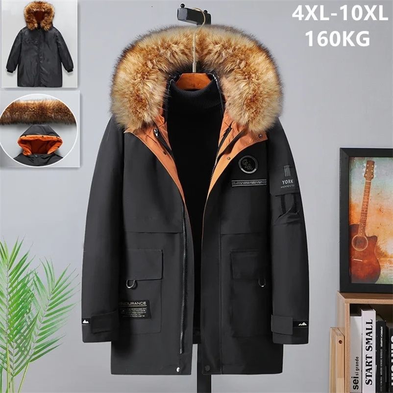 Men's Down Parkas Thick Warm Winter Jacket Men 10XL 160KG Fur Collar Detachable Liner Down Cotton Padded Fleece Coldproof Plus Size 8XL 6XL Coat 