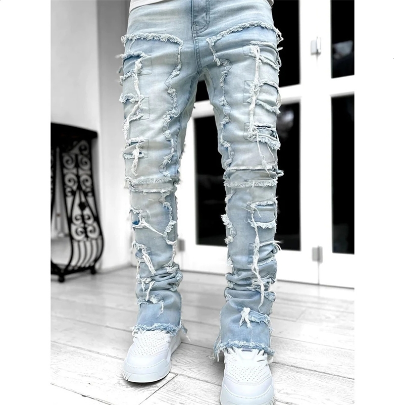 Mens Regular Fit Stacked Y2K Jeans Patch Distressed Destroyed Straight Denim Long Pants Streetwear Clothes 240912