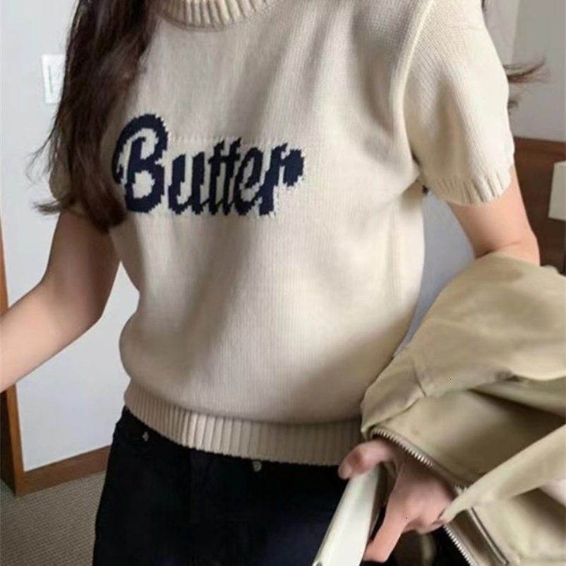Women's Sweaters Korejpaa Korean Fashion Pull Femme Knitwear Letter Jacquard Round Neck Women Sweater Casual Short Sleeve Ladies Tops Spring 2308