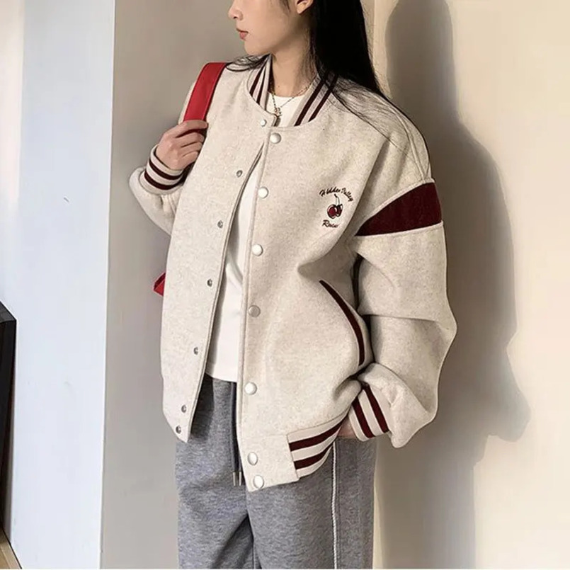 Fashion Cherry Embroidered Jacket Womens Clothing American Retro Baseball Collar Spring Autumn Loose Casual Street Clothing Jacket 241029