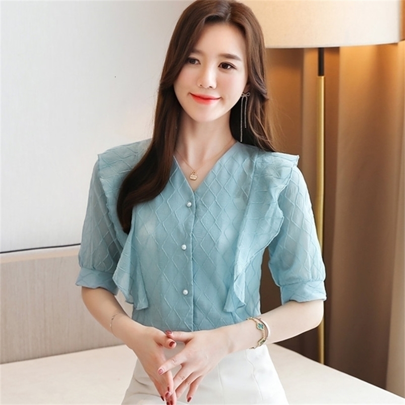 Korean Chiffon Women Blouses Shirts Woman V-neck Mesh Blouse Tops Ruffles Plus Size Blusas Femininas Elegante 210531