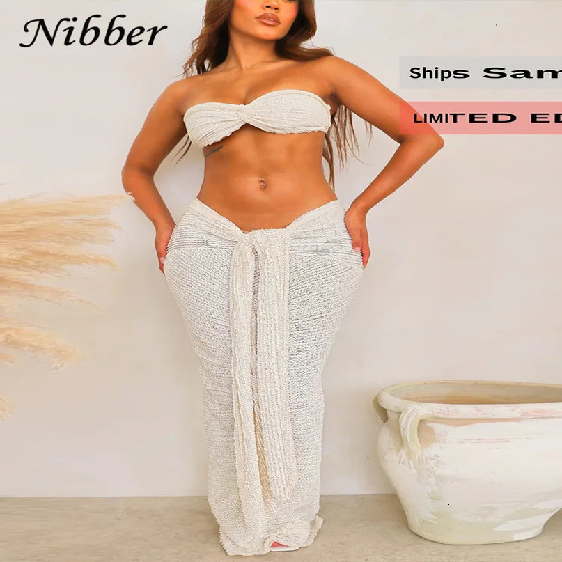 Nibber Elegant Stacked Folds Two Piece Set Women Solid Thin Strapless Chest TopsSlim Skirts Female Streetwear Matching Suit 240423