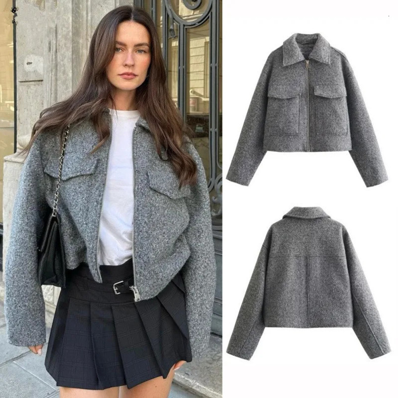Autumn and winter womens retro coarse woolen jacket suitable for jacket jacket fashionable loose long sleeved zipper womens jacket fashionable crop ja