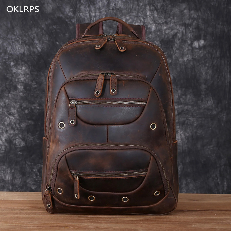 Retro leather backpack mens top denim large capacity hiking bag multilayer travel computer 240820