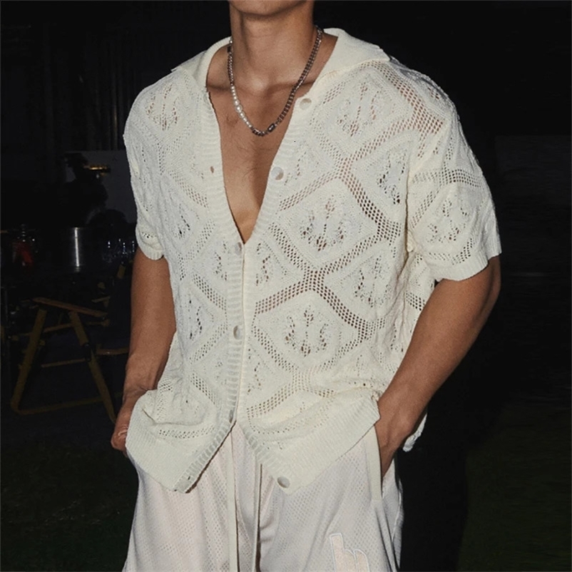 Sexy mens hollow knitted shirt retro See Through breathable knitted shirt mens summer fashion solid color short sleeved top 250224