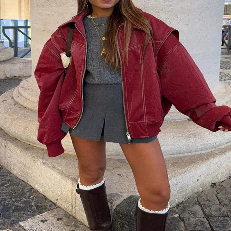 Retro contrasting patchwork lapel long sleeved jacket for women loose solid zipper Pu leather jacket 240930