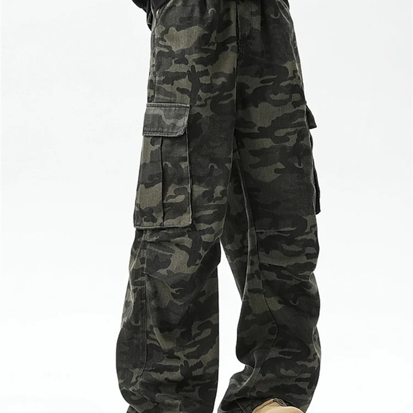 Mens fashion pants jeans washed camouflage multi pocket straight wide leg mens pants jeans style 250423