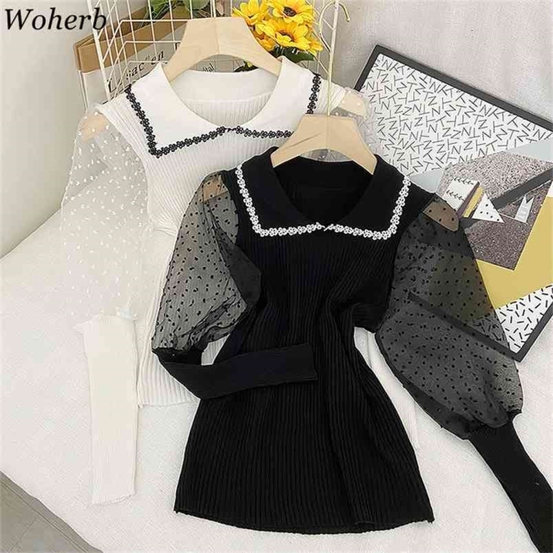 Long Puff Sleeve Ins Tops Women Knitted Stretch Solid Blouse Polka Dot Mesh Casual Shirts Blusas Femininas Elegante 210519