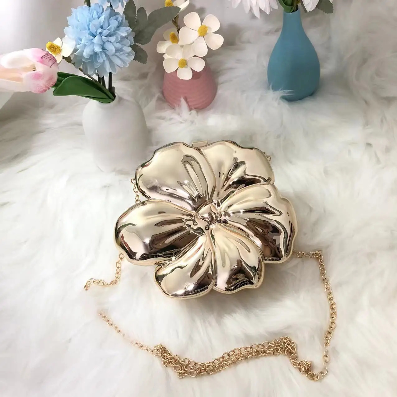 Women Metallic Flower Clutch Bag Silver Gold Acrylic Evening y Wedding Party Crossbody Purses ner Chain Handbag 250815