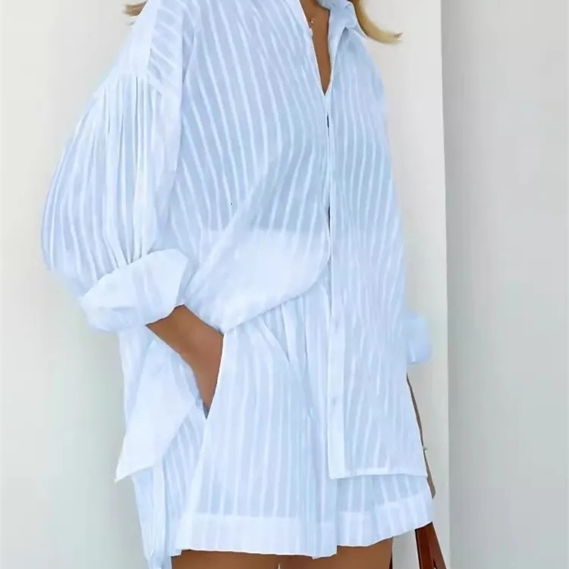 Spring and summer pure cotton short sleeved two-piece set womens long sleeved shirt two-piece set simple style womens set 250318