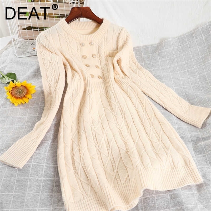 DEAT Women Temperament Slim Knitted Dress Long Sleeve Round Collar High Waist ButtonFashion Spring Autumn MZ970 210709