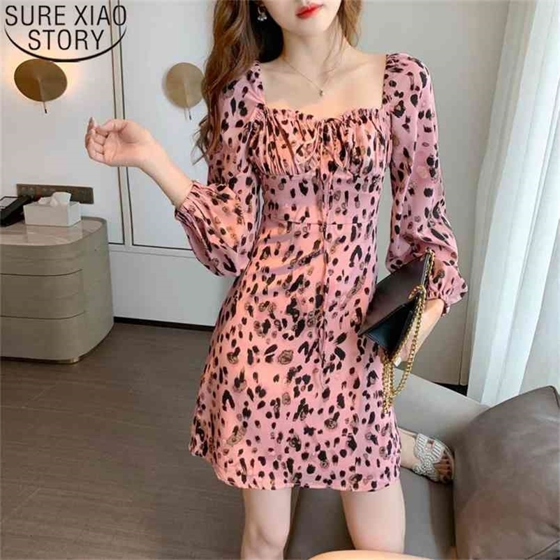 Square Collar Sweet Pink Dresses Women French Fashion Leopard Print Spring Office Lady Mini Vestidos 12974 210506