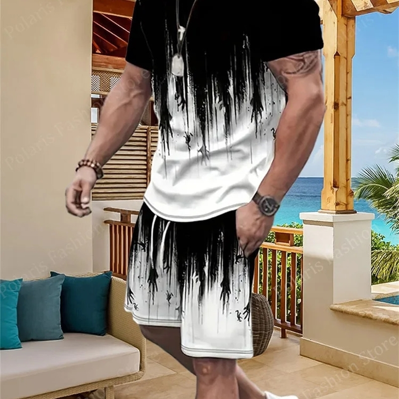 Summer Black And White Tracksuit Short Sleeve T Shirt Set Men Sport Suit Casual 2 Piece Outfits Male Sportwear Clothes For Men 240530