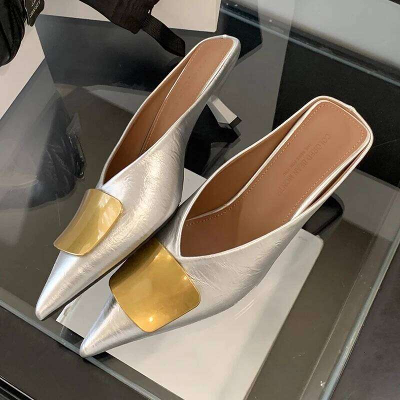 Women Slippers High Heels Mules Shoes Pointed Toe Heeled Sandals Elegant Party Slides 2025 Summer Designer Mujer Zaoatos
