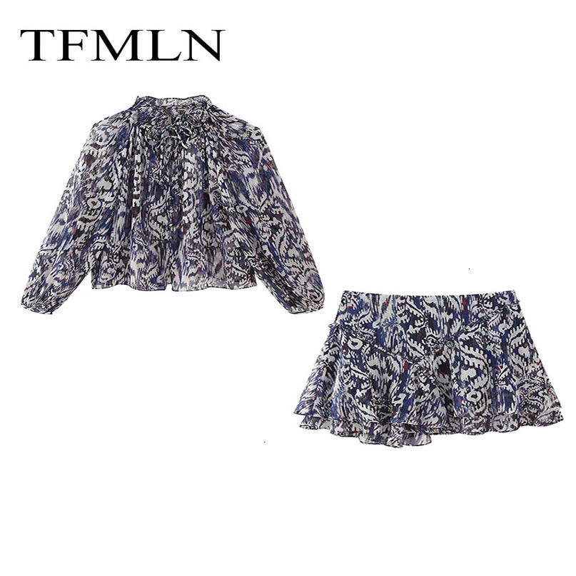 TRAF Summer Print Skirts Sets For Women Fashion Thin 2PCS Vintage Long Sleeved Shirt Tops ALine Mini 240423