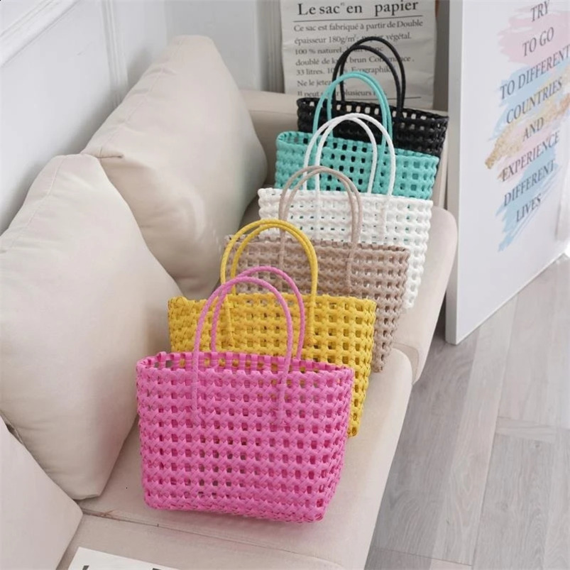 Womens Woven Hollow Out Bags Vegetable Basket Summer Fashion PVC Handbag Hand Bag Patchwork Striped Tote Beach 240730