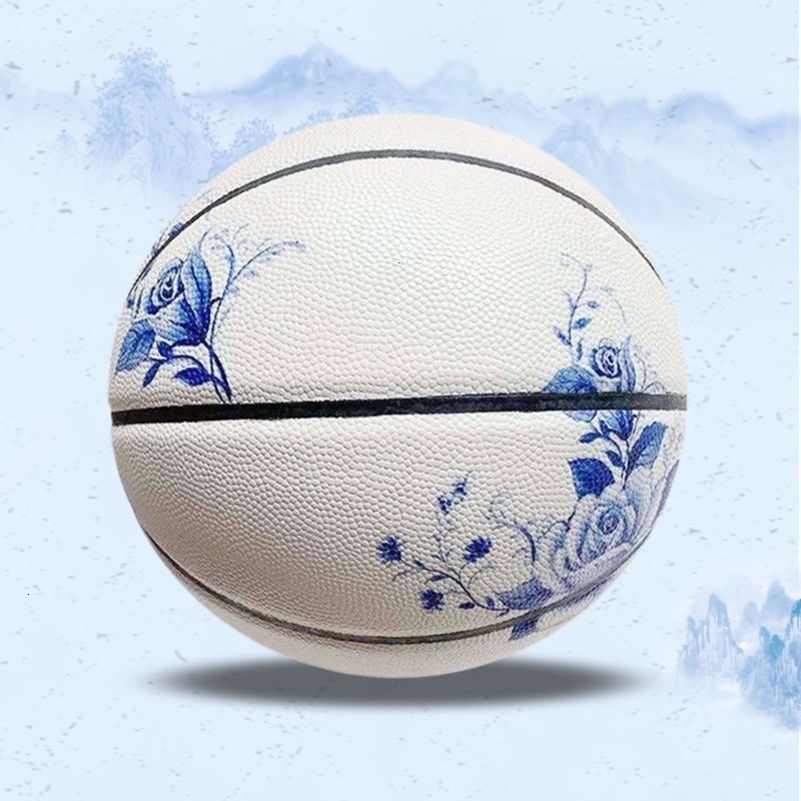 Blue and White Porcelain Basketball Customized Nonslip PU Soft Leather High Elastic Indoor Outdoor BasketBall 240127
