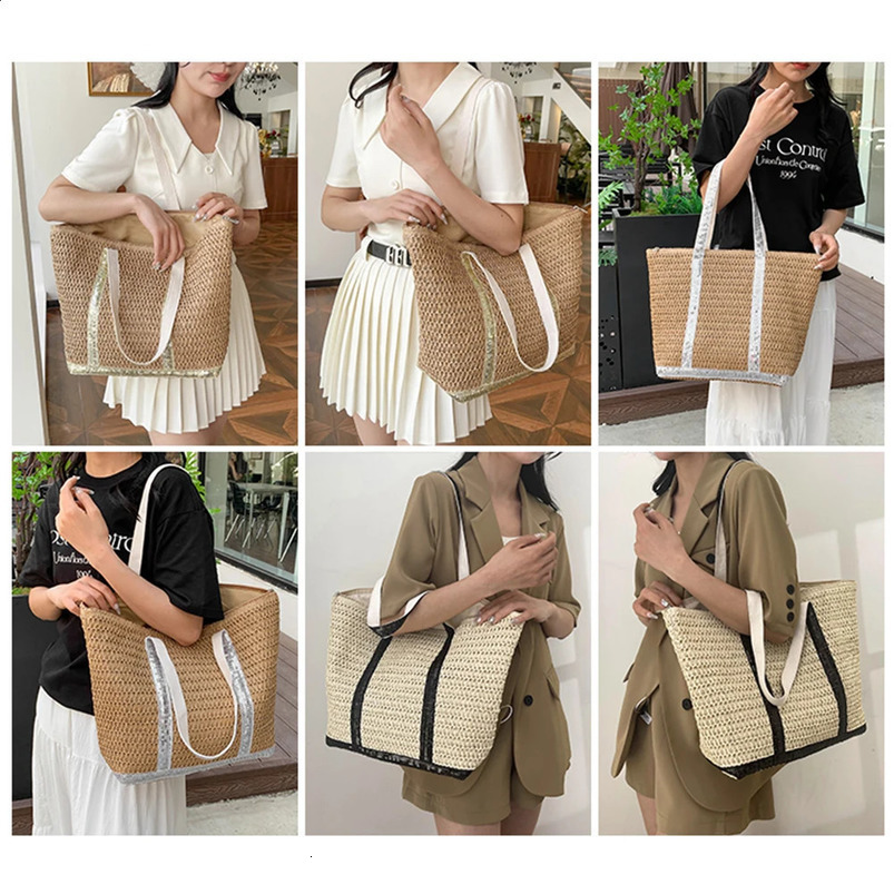 Womens handbag large capacity sequins crochet beach contrasting woven travel bag womens summer 240926
