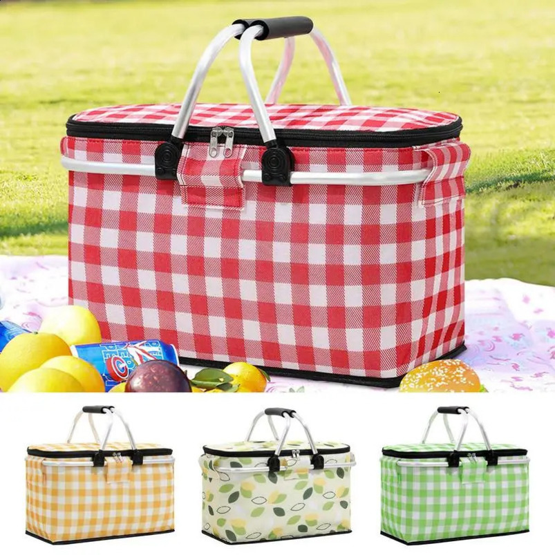 Folding insulated picnic basket lunch bag beach cooler leak proof portable camping large capacity n 240828