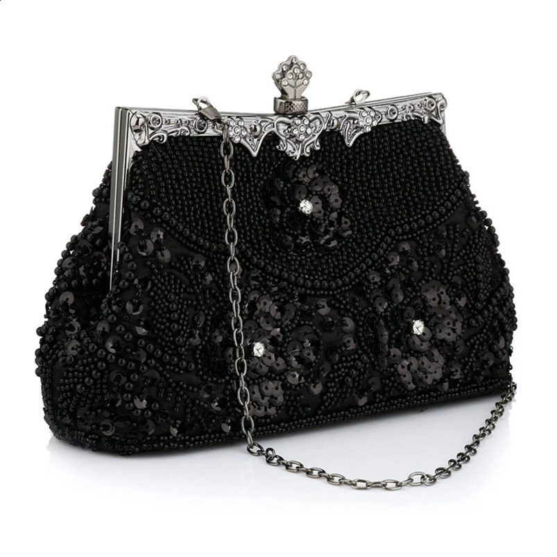 Women Embroidered Beaded Sequin Evening Handbag Vintage Shoulder Bag Purse for Wedding Bridal Prom Party Elegant Top Handle 240731