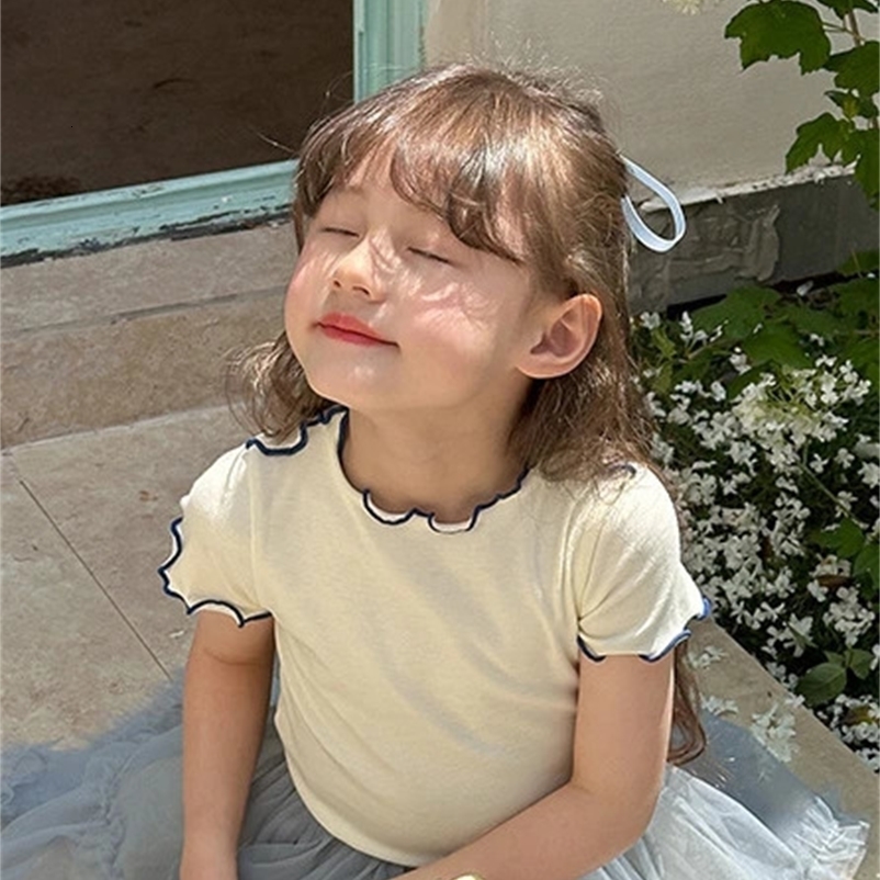 2024 Summer T-shirt Girl Baby Korean Short Sleeved T-shirt Sweet Lace Solid Color T-shirt Girl Sweet Gentle Clothes 240712bj