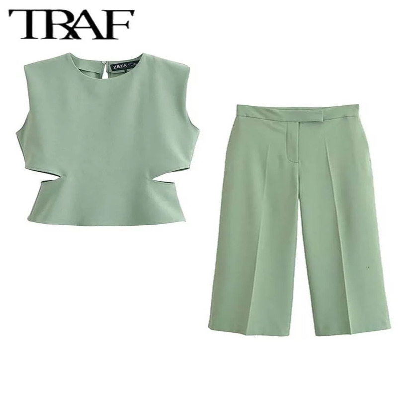 TRAF Long Pants 2 Pieces Sets for Women Fashion Sleeveless Crop Top Womens Suit Two Piece Set Outfit 240423