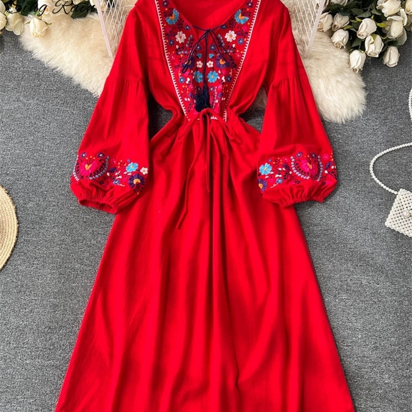 Casual Dresses SINGREINY Embroidary Elegant Women Summer Dress Y2K V Neck Lantern Sleeves Slim Adjustable Waist Ladies A Line Long Dresses 230316