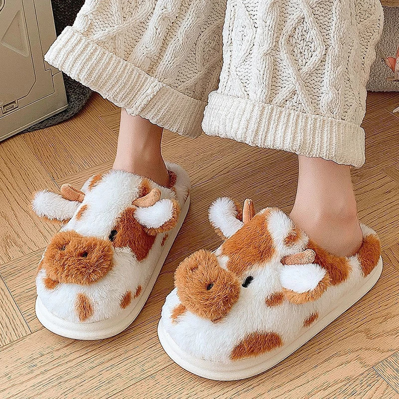 Womens Winter Warm Cartoon Cow Slippers Closed Toe Non Slip Furry House Shoes Women Indoor Bedroom Thick Sole Plush Slippers 250924