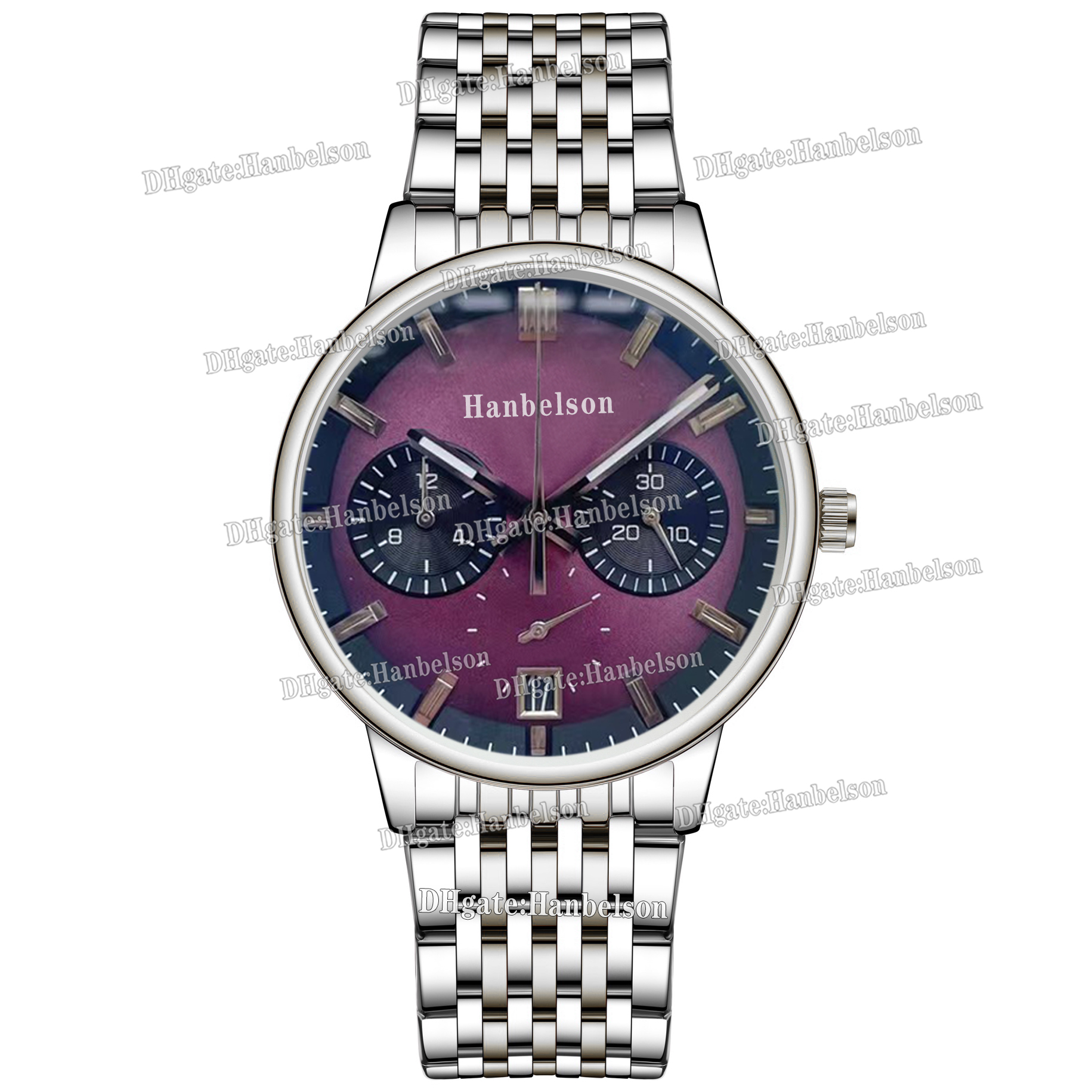42mm Men's Racing Style Chronograph Watch, Purple Sunburst Dial, Japanese VK Quartz, Steel and Leather Straps