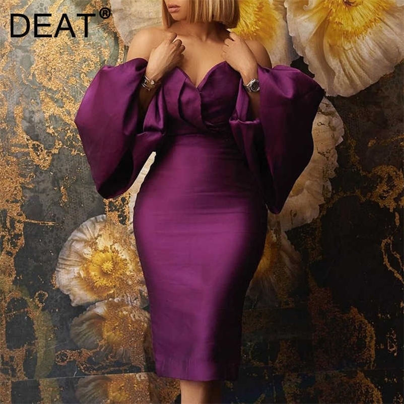 DEAT Women Dress Strapless Three Quarter Sleeve Arrivals Lady Sexy Fashion Temperament Spring Summer 11D1397 210709