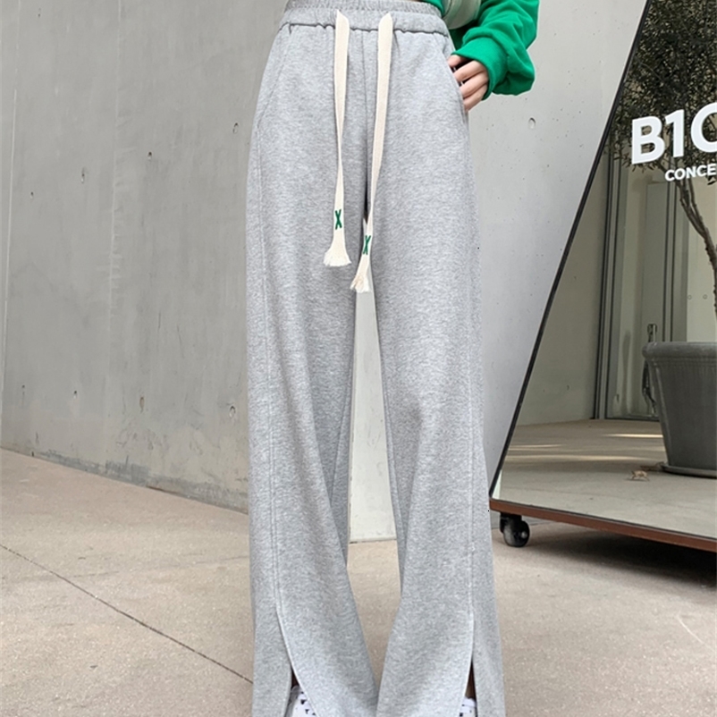 Women's Pants Capris Gray sports wide-leg pants women's spring autumn mopping high-waisted straight-leg lazy slit casual flared pants 230321