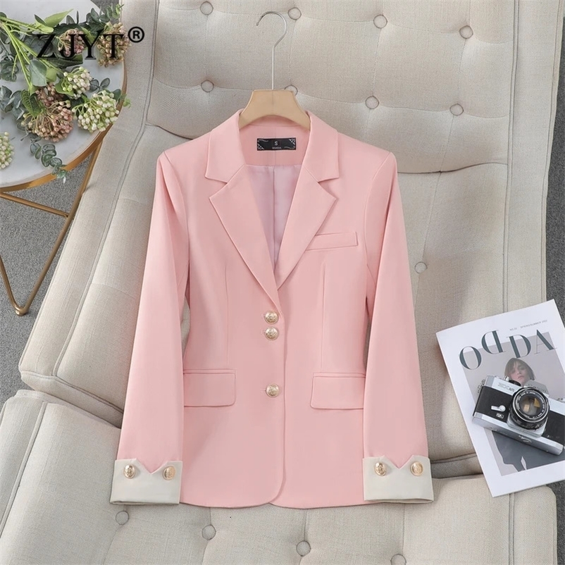 ZJYT Elegant Chic Blazer Mujer Pink Women Coat Jacket Single Breasted Outerwears Veste Femme Autumn Korean Fashion Casaco 240704