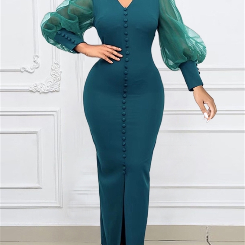 Party Dresses Chic Women Bodycon Long Prom Tulle See Through Sleeve Buttons Slit Tight Sexy Night Club Evening Outfits 221128