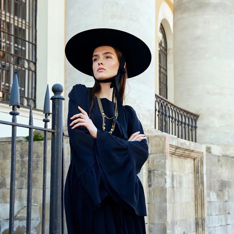 Damai King Wide Big Brim Wool Plain Black Womens Fedora Stage Show Felt Hat Winter Bandage Fashion Outdoor Top 240812