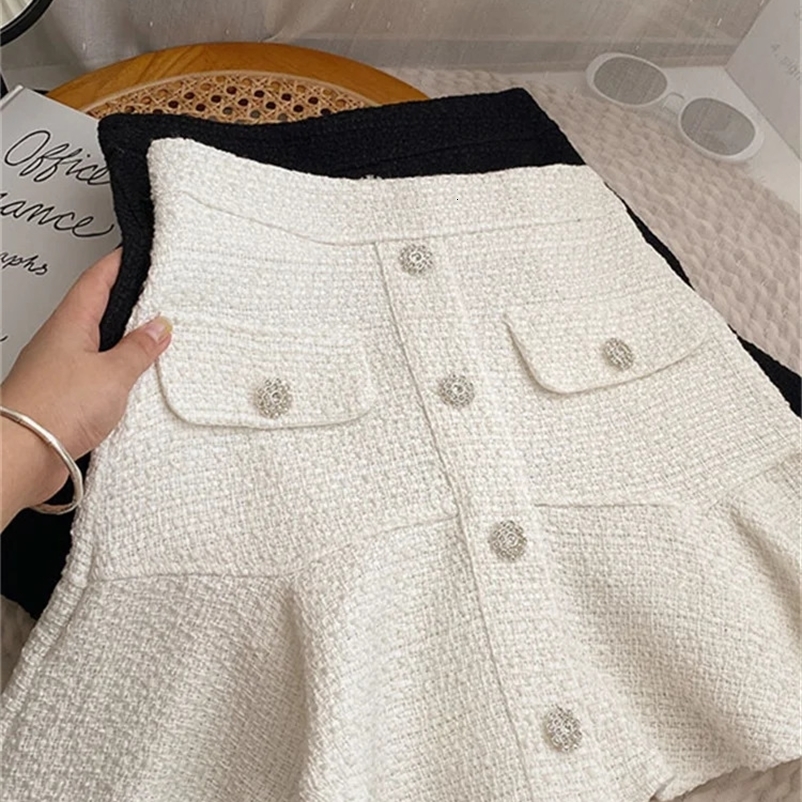 Skirts Yitimoky Tweed Skirts for Women High Waist White Skirt Autumn Winter Ruffles Korean Fashion Clothing Casual A-LINE Black 231129
