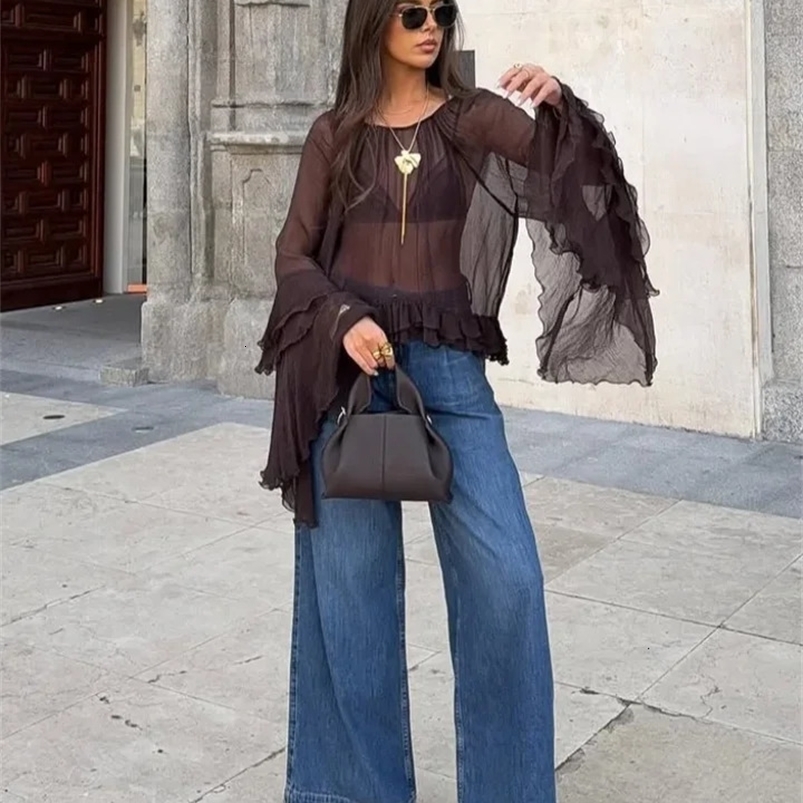 See through the folds at the hem of the laminated womens mesh shirt round neck plaid long sleeved loose shirt summer spring womens fashion top 250314