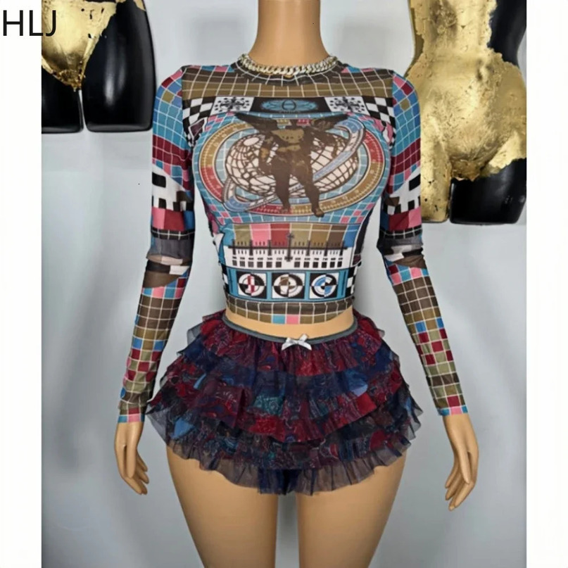 HLJ Y2K Fashion Trend Multicolour Two Piece Sets Women Round Neck Mesh Long Sleeve Crop Top And Ruffle Lace Mini Skirts Outfits 250106