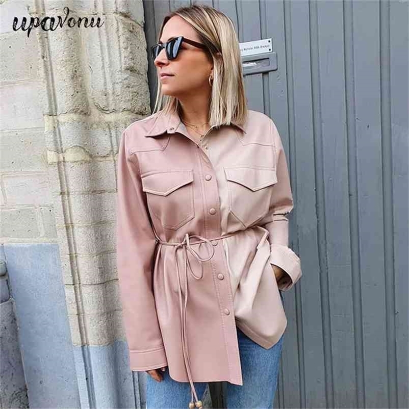 Free Streetwear Colorblock PU Leather Top Women Cardigan Button Belt Lace-Up Fashion Long Sleeve Shirt 210524